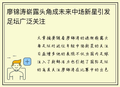 廖锦涛崭露头角成未来中场新星引发足坛广泛关注