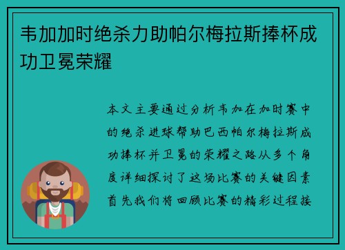 韦加加时绝杀力助帕尔梅拉斯捧杯成功卫冕荣耀