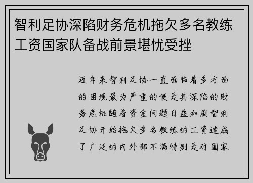 智利足协深陷财务危机拖欠多名教练工资国家队备战前景堪忧受挫